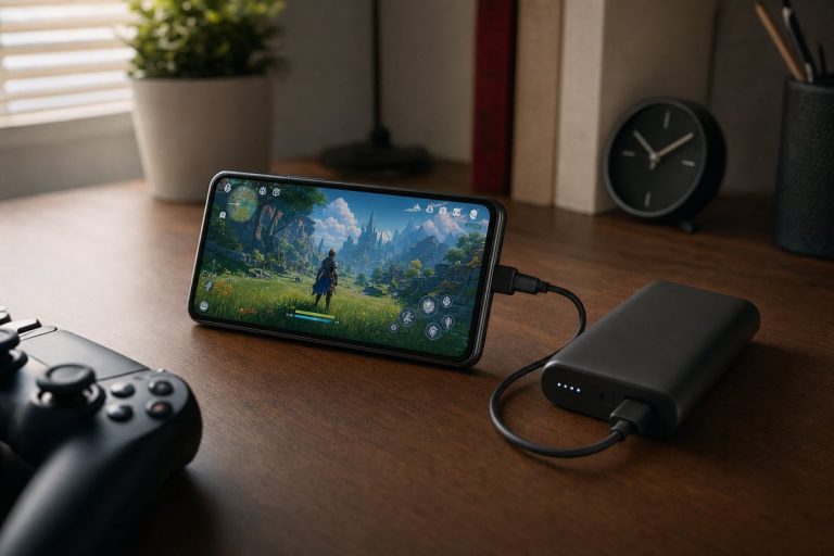 Smartphone im Querformat auf einem Schreibtisch mit laufendem Spiel, daneben eine Powerbank mit Kabel, Akkuanzeige gut sichtbar, weiches Fensterlicht
