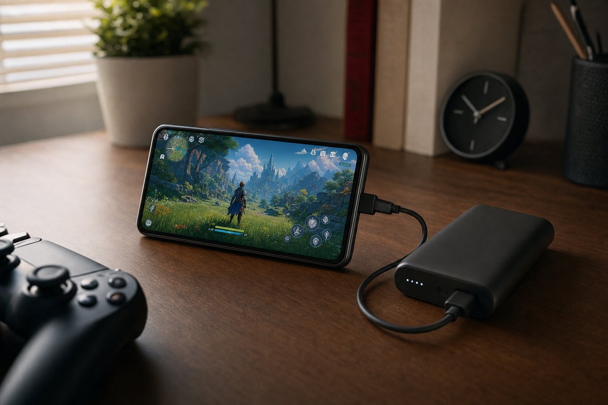 Smartphone im Querformat auf einem Schreibtisch mit laufendem Spiel, daneben eine Powerbank mit Kabel, Akkuanzeige gut sichtbar, weiches Fensterlicht