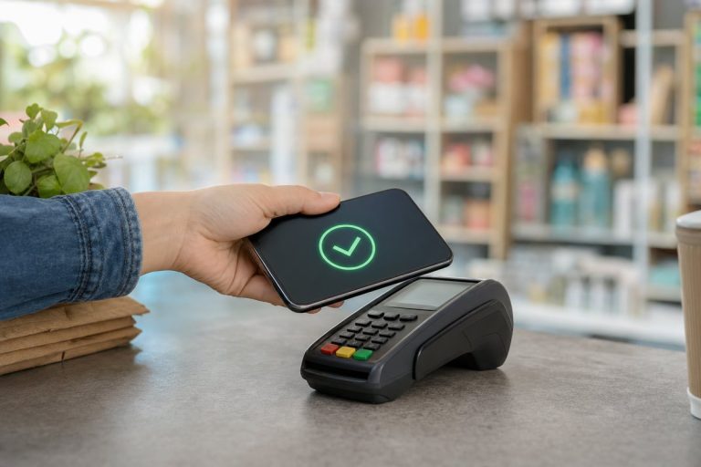 Hand hält ein Smartphone an ein Kartenterminal an einer Kasse, auf dem Display ein Bezahl-Häkchen, im Hintergrund unscharf Regale eines Geschäfts