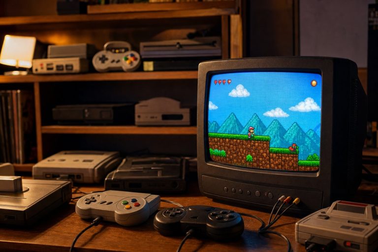 Regal mit alten Spielkonsolen und Controllern, davor ein Röhrenfernseher mit laufendem Pixelspiel, warmes Wohnzimmerlicht