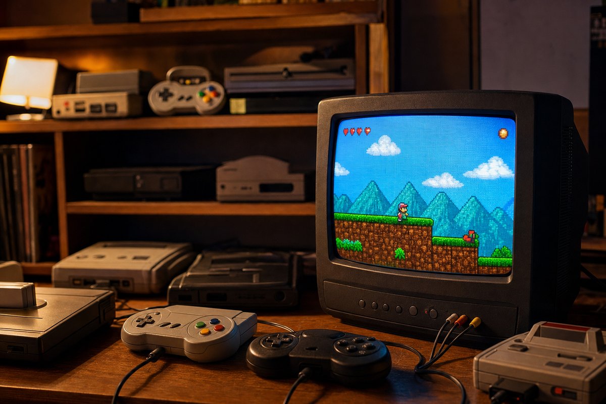 Regal mit alten Spielkonsolen und Controllern, davor ein Röhrenfernseher mit laufendem Pixelspiel, warmes Wohnzimmerlicht